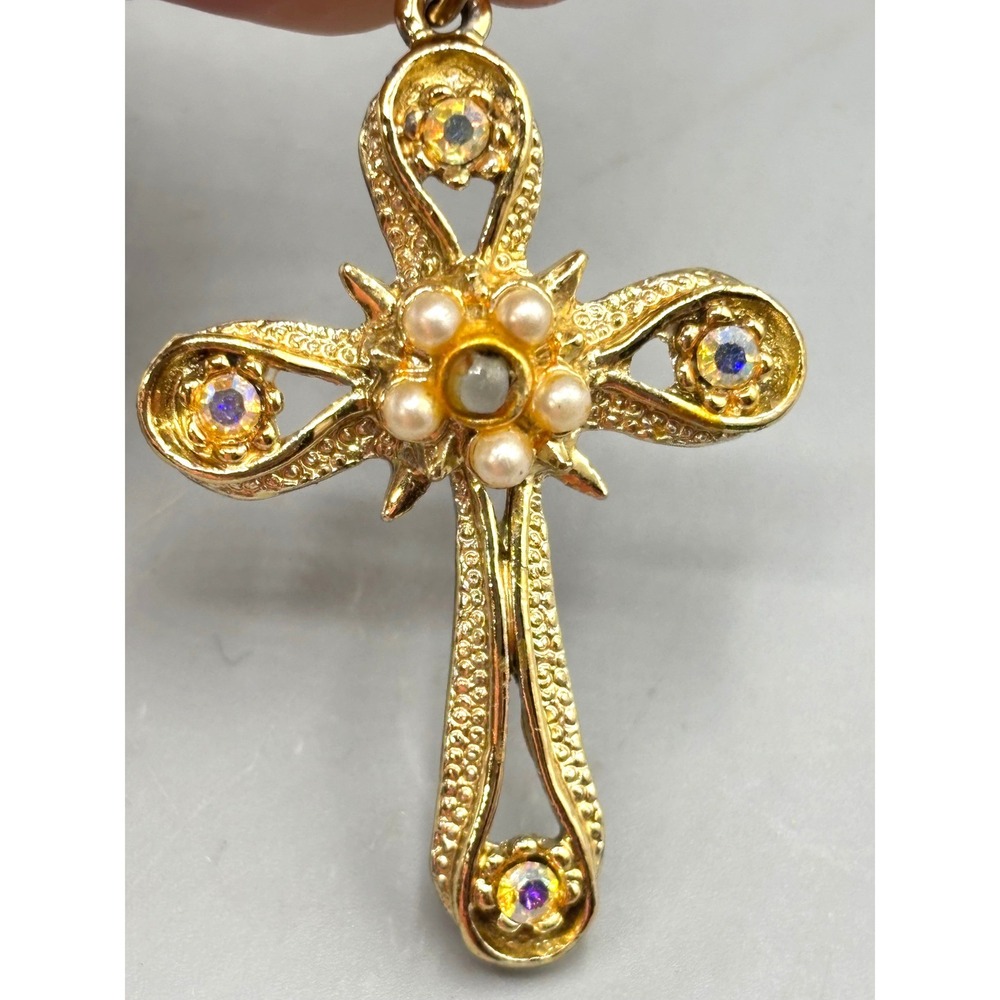 Vintage Gold Tone Cross Pendant Aurora Borealis Rhinestone Faux Pearl Sunburst